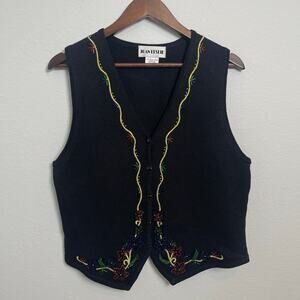 Vintage Joan Leslie Beaded Floral Knit Vest Black Size Small Embroidered